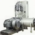 Horizontal bead mill with drive motor, cylindrical grinding chamber and control cabinet