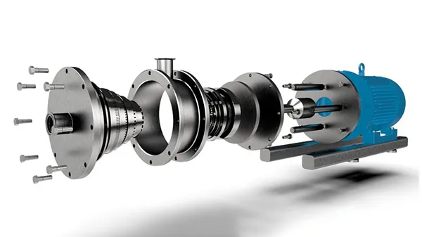 Exploded view of an inline high shear homogenizer showing rotor-stator stages, housing and blue motor