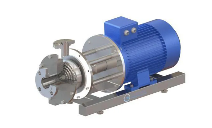 Inline shear mixer pump with blue motor on a steel base, pump head opened to show the rotor-stator