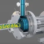 Cutaway animation of an inline homogenizer with particles entering the rotor-stator head