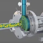 Cutaway animation of an inline homogenizer showing particles being sheared in the rotor-stator