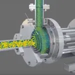 Cutaway animation of an inline homogenizer with finely dispersed particles leaving through the outlet