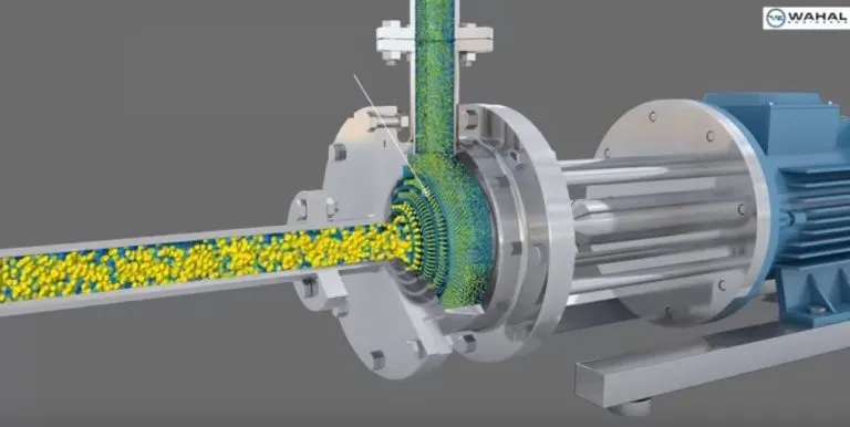 Cutaway animation of an inline homogenizer with finely dispersed particles leaving through the outlet