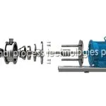 Exploded view of a Wahal 4-stage inline homogenizer showing its rotor-stator stages and motor