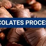 Banner reading 'Chocolates Processing' over filled chocolates and hazelnuts