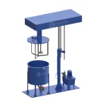 3D render of a Wahal twin shaft disperser with its head raised on a hydraulic lift above the tank