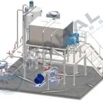 3D layout drawing of a Wahal liquid handwash plant: mixing tank on platform with stairs and transfer pumps