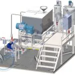 3D layout drawing of a Wahal liquid handwash plant with mixing tank, stairs and two vertical agitated tanks
