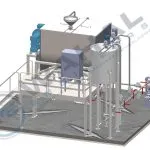 Rear 3D layout view of a Wahal liquid handwash plant with control panel, vertical tank and diaphragm pump