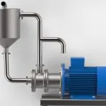 Laboratory inline homogenizer with blue motor, feed hopper and recirculation pipe, 3D render