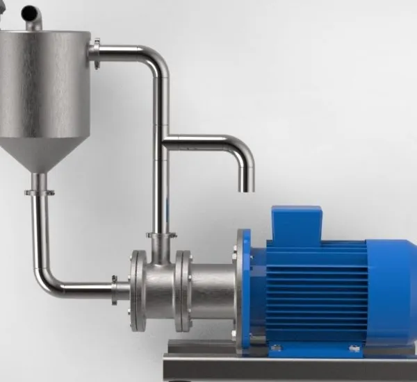 Laboratory inline homogenizer with blue motor, feed hopper and recirculation pipe, 3D render