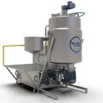 3D render of a Wahal processing vessel with side feed hopper, bottom-mounted drive and work platform