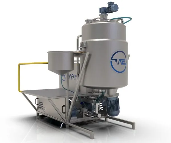 3D render of a Wahal processing vessel with side feed hopper, bottom-mounted drive and work platform