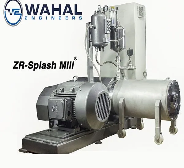 Close-up of the Wahal ZR-Splash Mill horizontal bead mill showing drive motor and grinding chamber