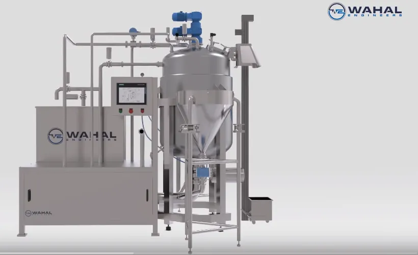 Wahal confectionery processing unit with stainless steel vessel, touchscreen control panel and feed chute