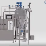 Close view of a Wahal confectionery processing vessel with conical base and touchscreen control panel