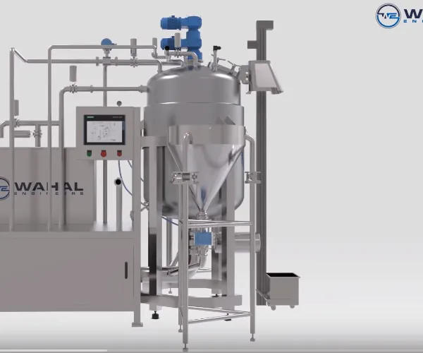 Close view of a Wahal confectionery processing vessel with conical base and touchscreen control panel