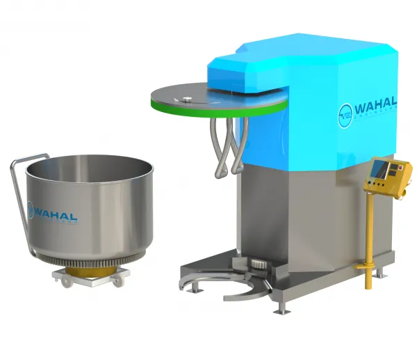 Wahal dough kneading machine with twin spiral tools and a removable bowl on a trolley, 3D render