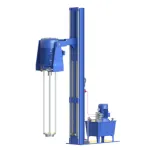 3D render of a Wahal enclosed shaft homogenizer on a hydraulic lift column with power pack