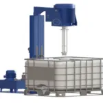 Wahal IBC tote mixer on a hydraulic lifting column above an IBC tank, 3D render