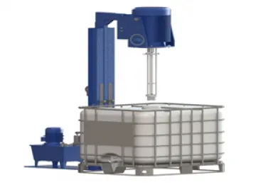 Wahal IBC tote mixer on a hydraulic lifting column above an IBC tank, 3D render