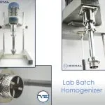 Wahal laboratory batch homogenizer on a bench stand, with close-ups of its rotor-stator head