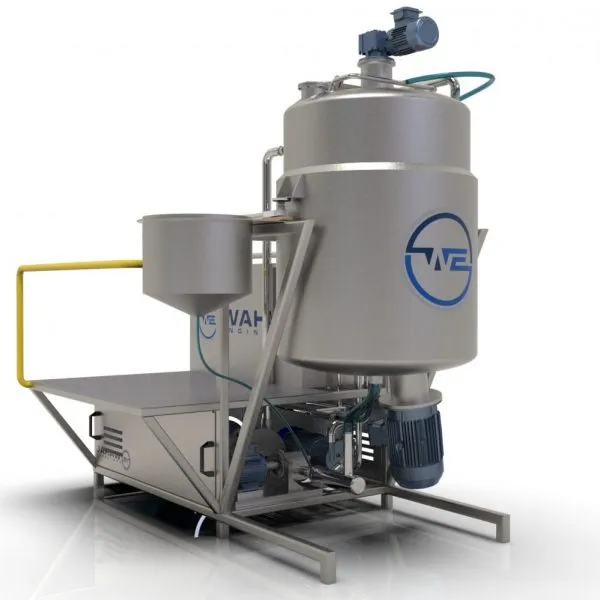 Wahal mayonnaise processing vessel with side ingredient hopper and bottom-mounted drive, 3D render