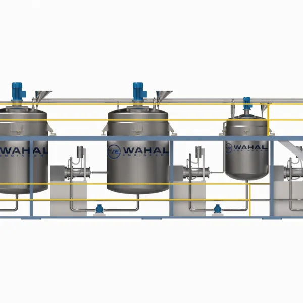 Wahal paint and coatings line: agitated mixing tanks linked to inline processing units, 3D render