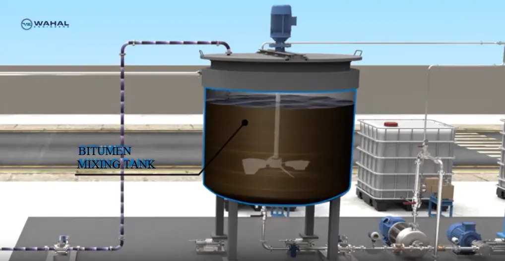 Cutaway of a bitumen mixing tank with top-mounted agitator, 3D render