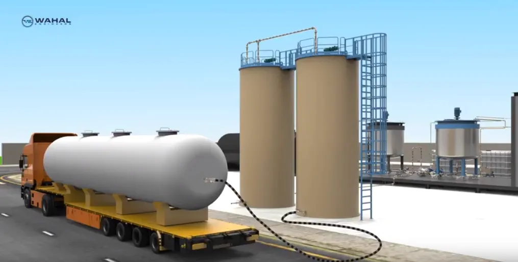Bitumen emulsion storage tanks filling a road tanker through a hose, 3D render