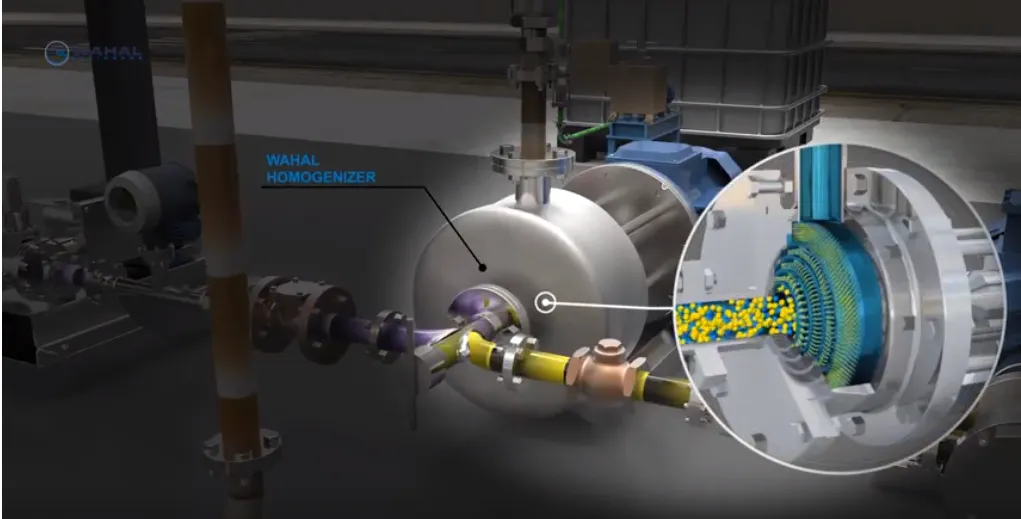 Wahal homogenizer in a bitumen emulsion line, with cutaway inset of the rotor-stator, 3D render