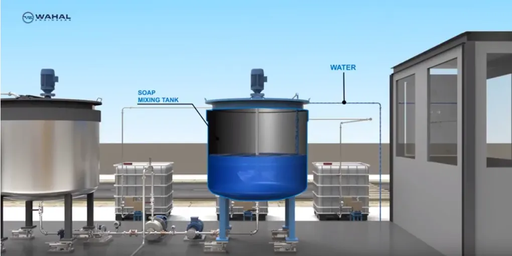 Soap mixing tank with top agitator and water feed line in a bitumen emulsion plant, 3D render