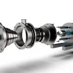 Exploded view of a multi-stage inline homogenizer: rotor-stator rings, housing and blue motor