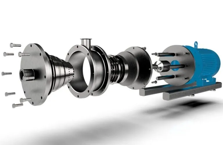 Exploded view of a multi-stage inline homogenizer: rotor-stator rings, housing and blue motor