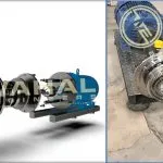 Wahal multi-stage inline homogenizer: exploded render beside a photo of its disassembled rotor-stator heads
