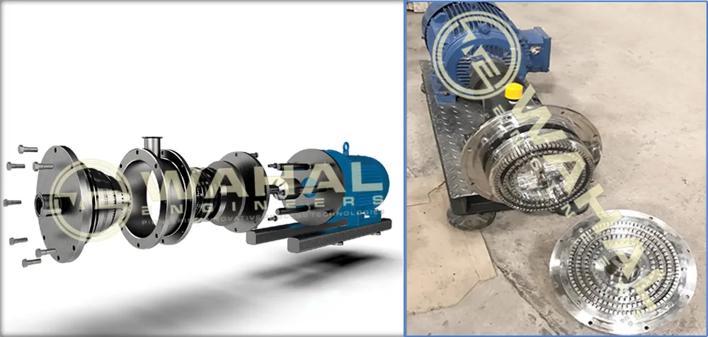 Wahal multi-stage inline homogenizer: exploded render beside a photo of its disassembled rotor-stator heads
