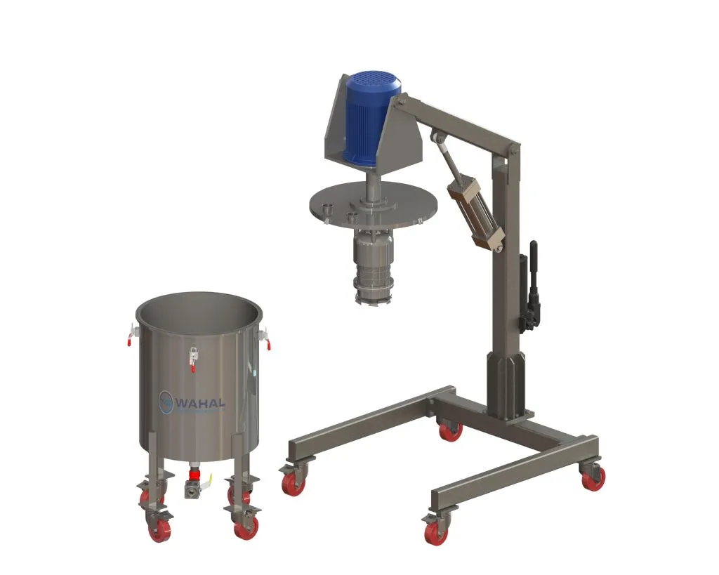 Wahal basket mill on a mobile lifting stand next to a stainless steel vessel on castors, 3D render