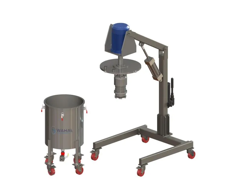 Wahal basket mill on a mobile lifting stand next to a stainless steel vessel on castors, 3D render
