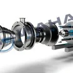 Exploded view of a Wahal inline high shear homogenizer showing rotor-stator stages, pump housing and motor
