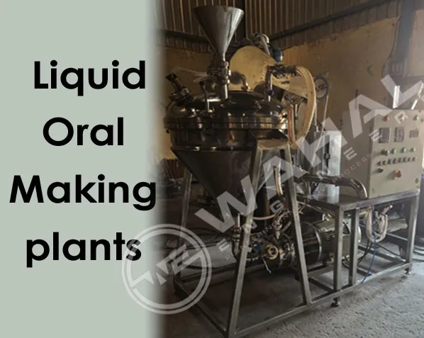 Liquid oral making plant with conical stainless steel mixing vessel and control panel
