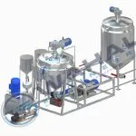 3D render of a Wahal sauce processing line with cooking vessel, feed hoppers and holding tank