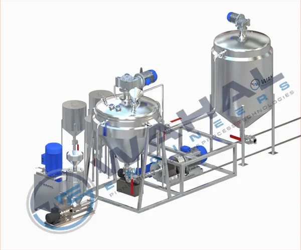 3D render of a Wahal sauce processing line with cooking vessel, feed hoppers and holding tank