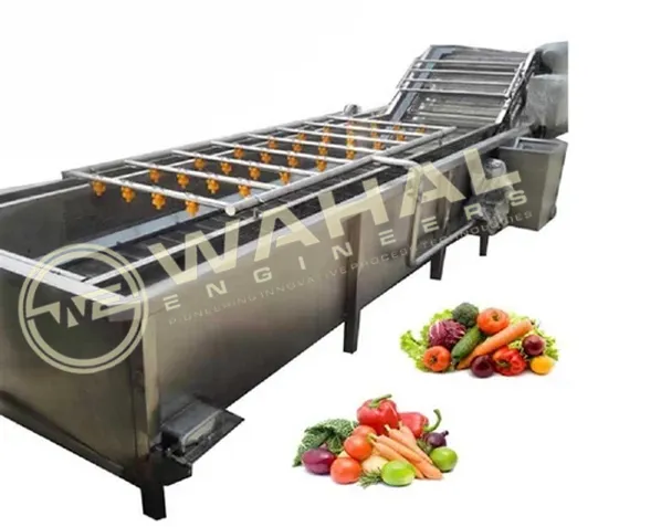 Wahal fruit and vegetable washing machine with overhead spray bars and inclined conveyor