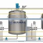3D render of a Wahal chemical plant line with four agitated tanks, inline mixers and pipework