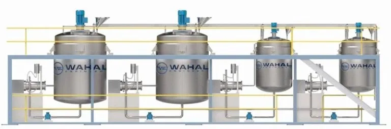 3D render of a Wahal chemical plant line with four agitated tanks, inline mixers and pipework