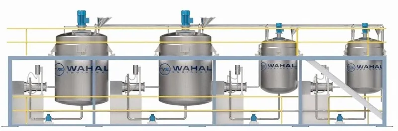 3D render of a Wahal chemical plant line with four agitated tanks, inline mixers and pipework
