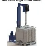 IBC tank high shear mixer on a blue hydraulic lift column, its shaft lowered into an IBC tote, 3D render