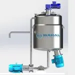 3D render of a Wahal blending vessel with top agitator, angled bottom-mounted mixer and recirculation line