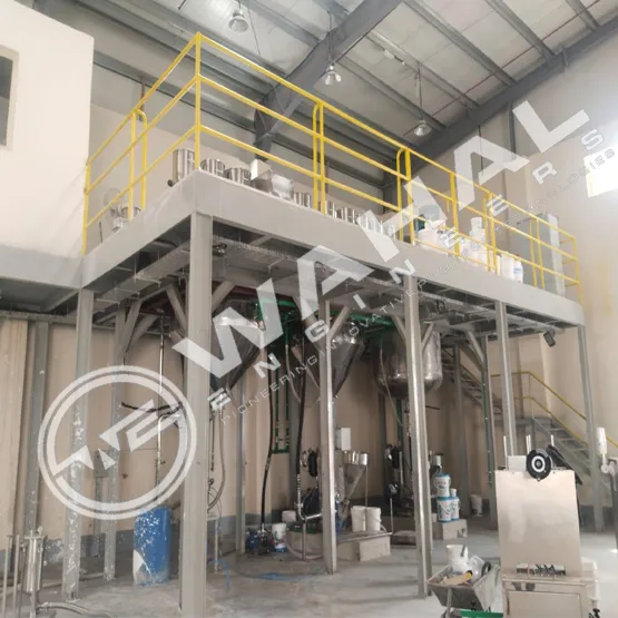 Wahal coatings plant with a yellow-railed mezzanine and conical mixing vessels below