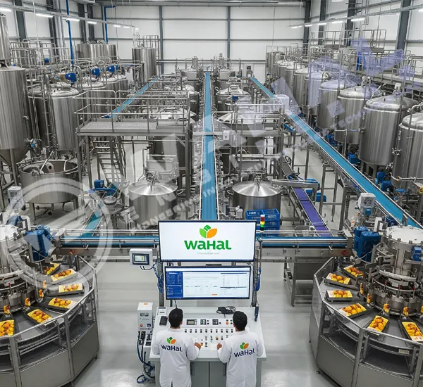 Automated drinks processing plant with stainless steel tanks, conveyors and control monitors